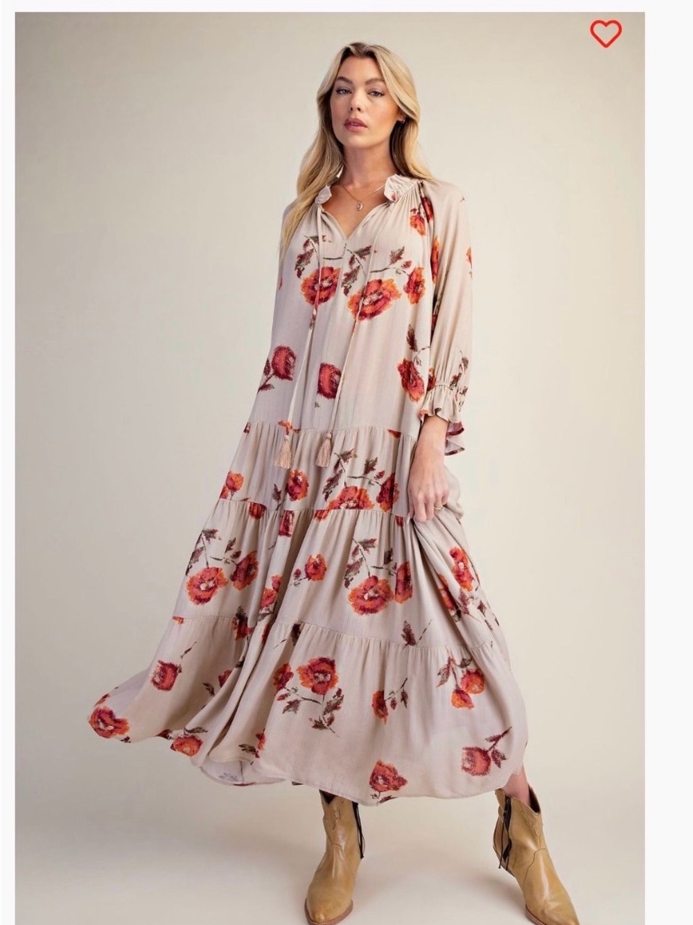 easel Beige Maxi Dress with Red Floral Print